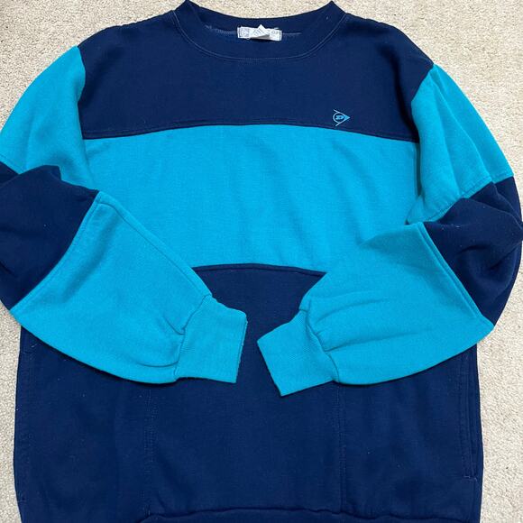 Vintage Dunlop Turquoise/Navy Striped Crewneck Sweatshirt Large - Picture 1 of 7
